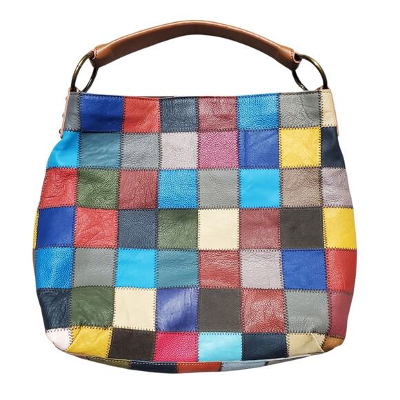 Y2k Rainbow Patchwork Leather & Suede Shoulder Bag - Picture 2 of 8